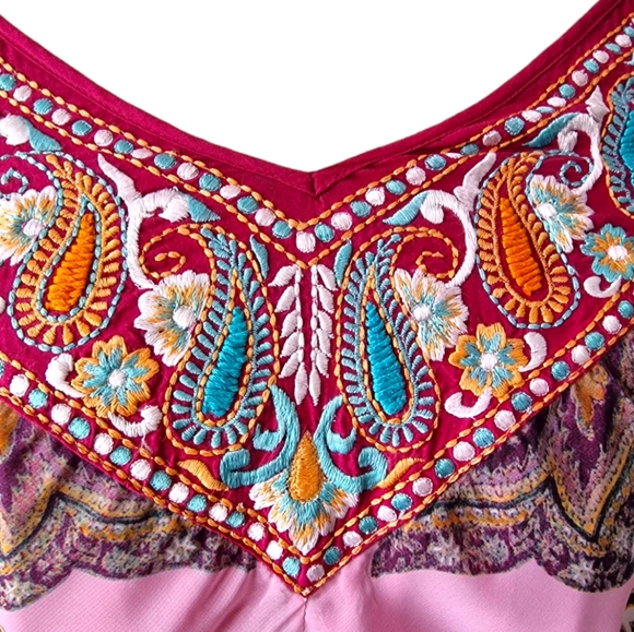 Kas New York Pink Paisley Print Embroidered Chiffon Hanky Hem Maxi Dress Size XL - Picture 6 of 12